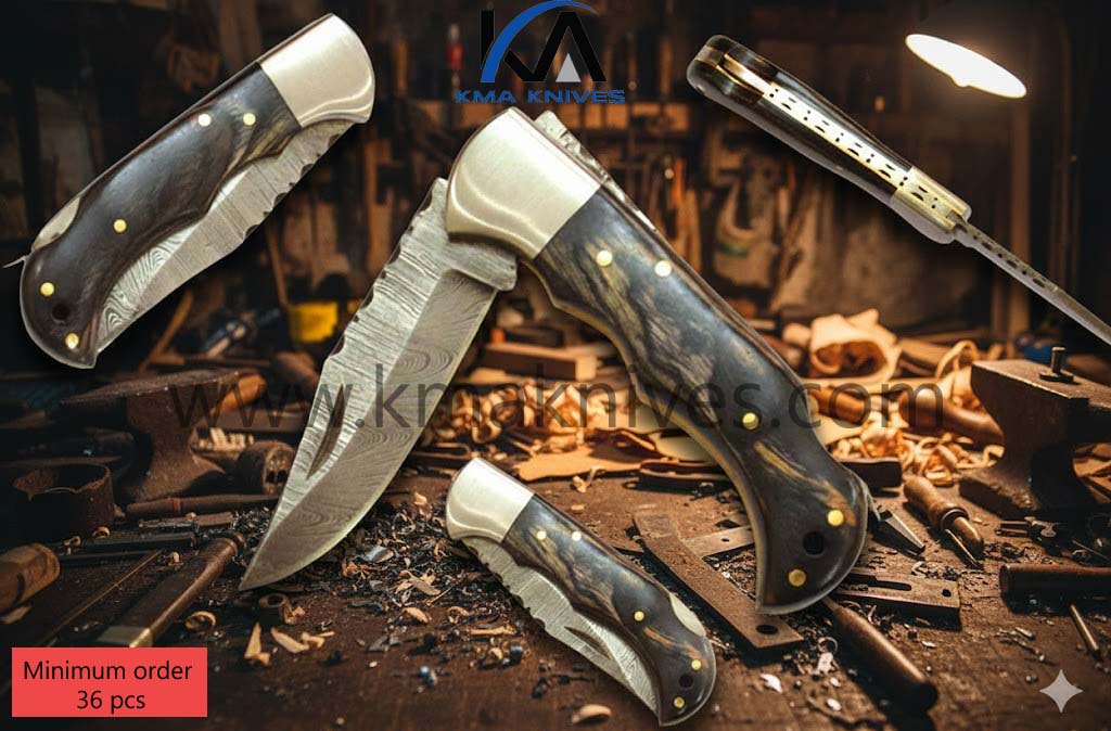 4 Inches KMA Hand Forged Damascus Steel Back Lock Folding Knife with Leather Sheath, Pocket knife Pakka Wood Handle ZE-59