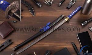 39.3" HAND FORGED DAMASCUS STEEL KATANA SWORD WITH BLACK SCABBARD AND TSUBA DETAILING.