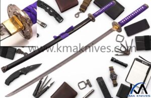 39.3" HAND FORGED DAMASCUS STEEL KATANA SWORD WITH BLACK SCABBARD AND TSUBA DETAILING.