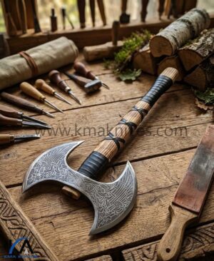 Handmade Carbon Steel Blade Double Head Wood Handle Axe Original Leather cover.