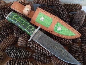 HAND FORGED, DAMASCUS STEEL, FEATHER PATTERN, BOWIE KNIFE, FINGERS TIPS MICARTA HANDLE WITH LEATHER SHEATH.