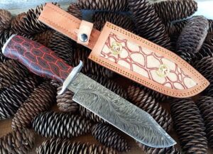 NEW HANDMADE, FORGED DAMASCUS, FIRE FEATHER PATTERN, RANGER STYLE BOWIE KNIFE, FINGER TIP MICARTA HANDLE WITH LEATHER SHEATH