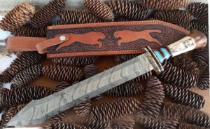 HANDMADE FORGED DAMASCUS STEEL, MINI VIKING SWORD, HANDMADE SCRIMSHAW AND BURN BONE HANDLE WITH LEATHER SHEATH