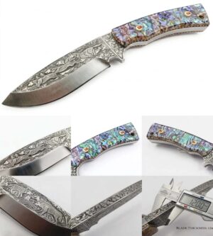 HANDMADE ENGRAVED 12 MM D2 TOOL STEEL HUNTING KNIFE WITH ABALONE HANDLE.