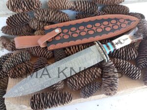 HANDMADE, HAND FORGED, DAMASCUS STEEL, MINI VIKING SWORD, HAND MADE SCRIMSHAW AND BURNED BONE WITH LEATHER SHEATH
