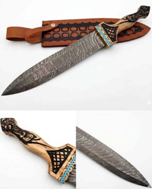 HAND MADE FORGED DAMASCUS STEEL MINI VIKING SWORD HAND MADE ENGRAVED ASH WOOD HANDLE WITH LEATHER SHEATH.