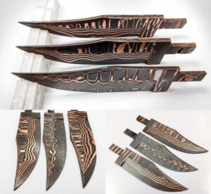 LOT OF 3 HAND MADE FORGED COPPER DAMASCUS STEEL BLANK BLADES FOR KNIVES MAKING.