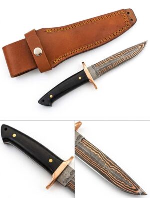 HAND MADE FORGED COPPER DAMASCUS STEEL LOVELESS STYLE HUNTER KNIFE WITH LEATHER SHEATH.