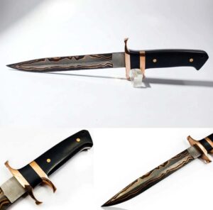 HAND MADE SAN MAI COPPER DAMASCUS STEEL LOVELESS SUB HILT FIGHTER KNIFE WITH LEATHER SHEATH.