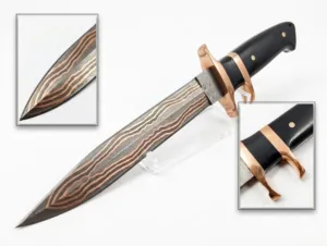 HANDMADE FORGED COPPER DAMASCUS STEEL LOVELESS SUB HILT FIGHTER KNIFE WITH LEATHER SHEATH.