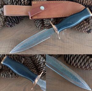 HANDMADE FORGED COPPER DAMASCUS STEEL COMBAT DAGGER KNIFE WITH LEATHER SHEATH.