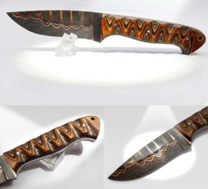 KMA HANDMADE FORGED COPPER DAMASCUS STEEL DROPS POINT HUNTER KNIFE WITH LEATHER SHEATH.