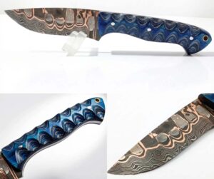 KMA HANDMADE FORGED COPPER DAMASCUS STEEL DROP POINT HUNTER KNIFE WITH LEATHER SHEATH.
