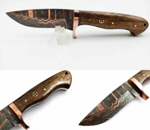 KMA HANDMADE FORGED COPPER STEEL DROP POINT HUNTER KNIFE WITH LEATHER SHEATH.